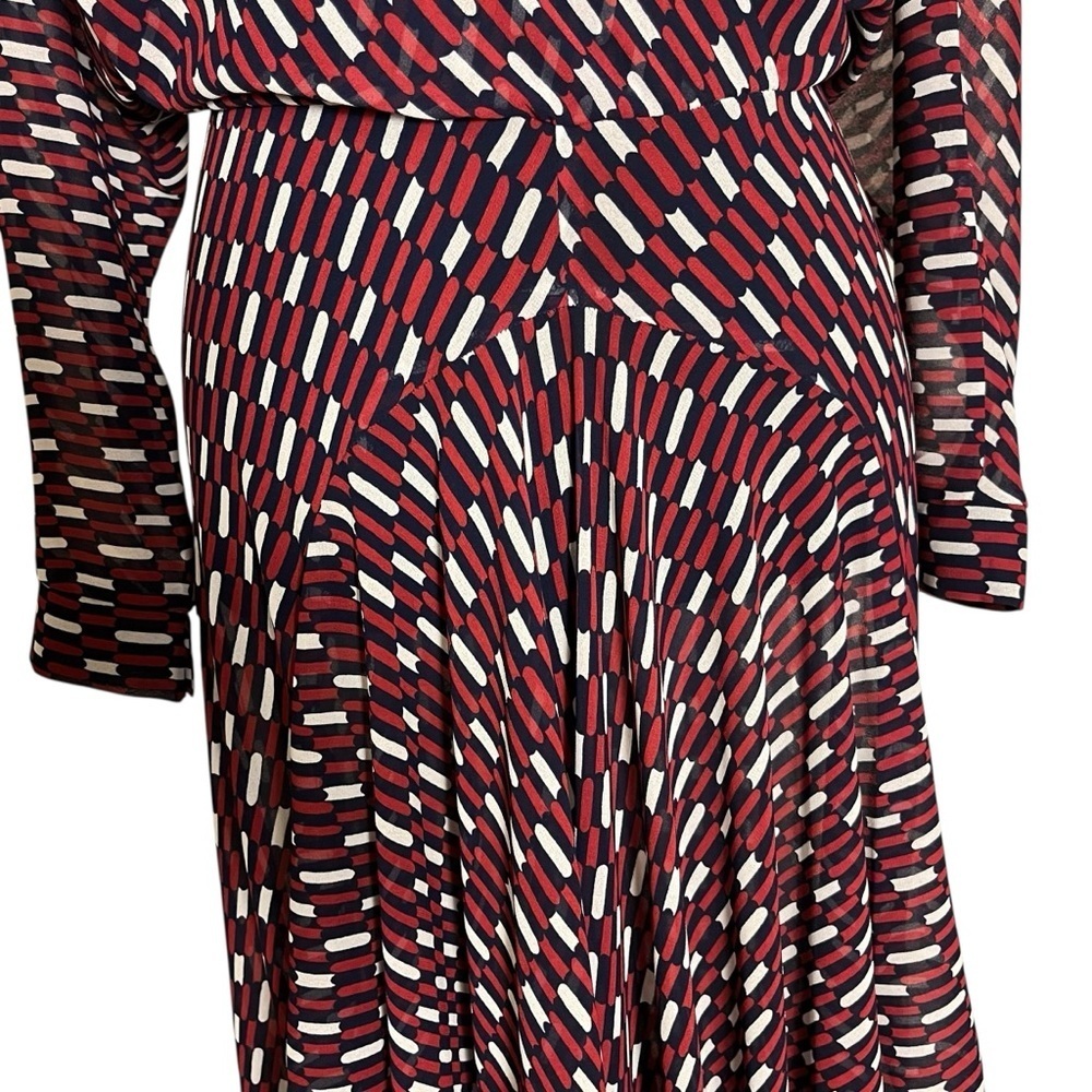 Maje Blue White Red Print Sheer Faux Wrap Raglan Sleeve Dress — 2 (Medium) - Picture 10 of 16
